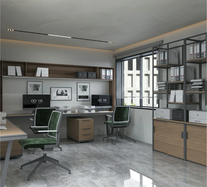a room with a desk, chairs, shelves and a window